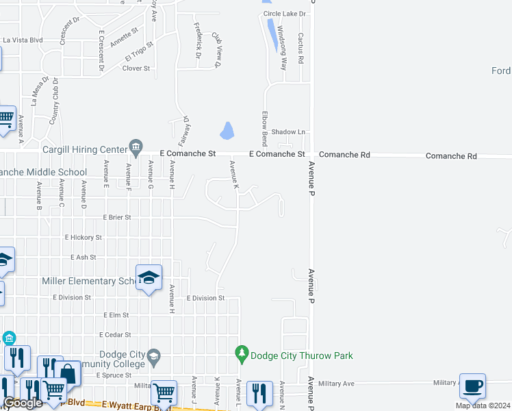 map of restaurants, bars, coffee shops, grocery stores, and more near 1500 Avenue K in Dodge City