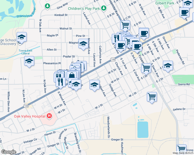 map of restaurants, bars, coffee shops, grocery stores, and more near 739 West G Street in Oakdale