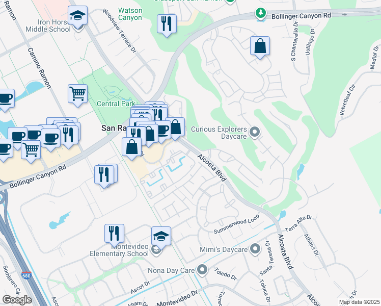 map of restaurants, bars, coffee shops, grocery stores, and more near 135 Reflections Drive in San Ramon