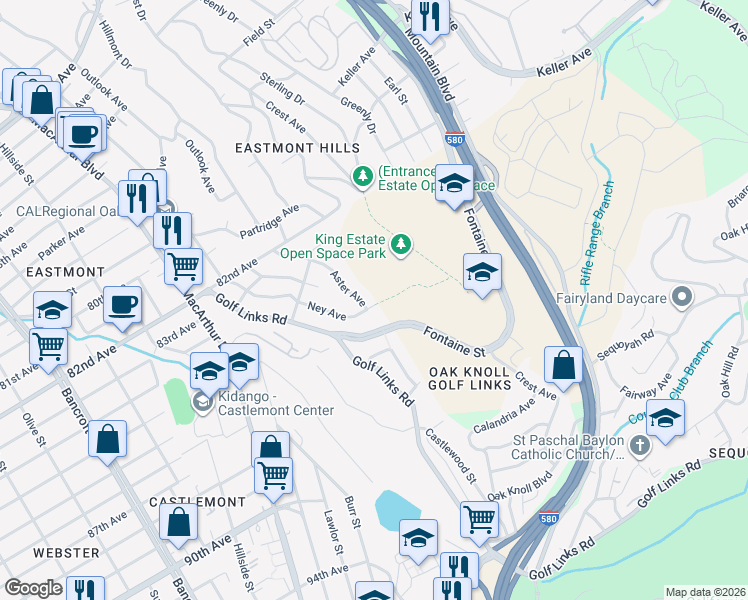 map of restaurants, bars, coffee shops, grocery stores, and more near 8505 Ney Avenue in Oakland