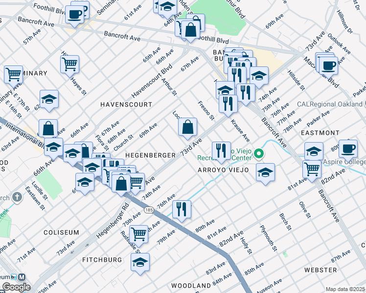 map of restaurants, bars, coffee shops, grocery stores, and more near in Oakland