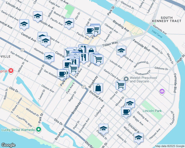 map of restaurants, bars, coffee shops, grocery stores, and more near 1377 Broadway in Alameda
