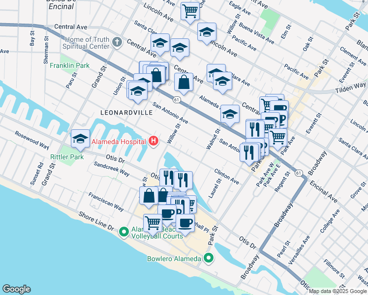 map of restaurants, bars, coffee shops, grocery stores, and more near 2133a Clinton Avenue in Alameda