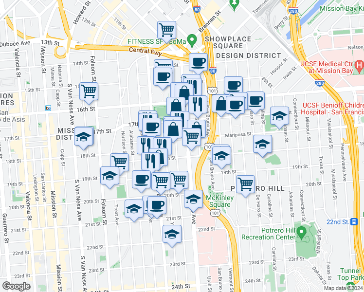 map of restaurants, bars, coffee shops, grocery stores, and more near 500 Potrero Avenue in San Francisco