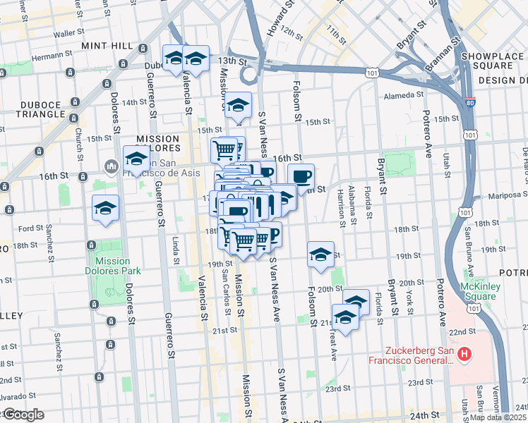 map of restaurants, bars, coffee shops, grocery stores, and more near 255 Capp Street in San Francisco