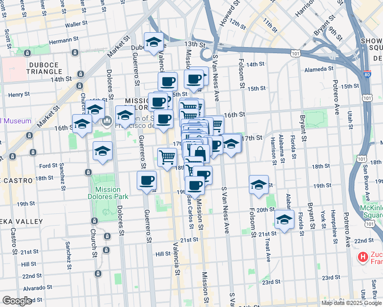 map of restaurants, bars, coffee shops, grocery stores, and more near 238 Capp Street in San Francisco