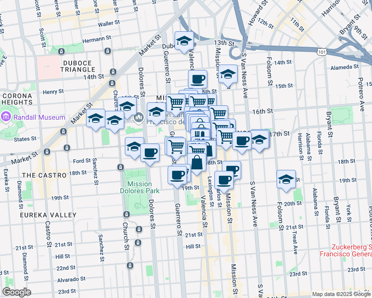 map of restaurants, bars, coffee shops, grocery stores, and more near 16 Bird Street in San Francisco
