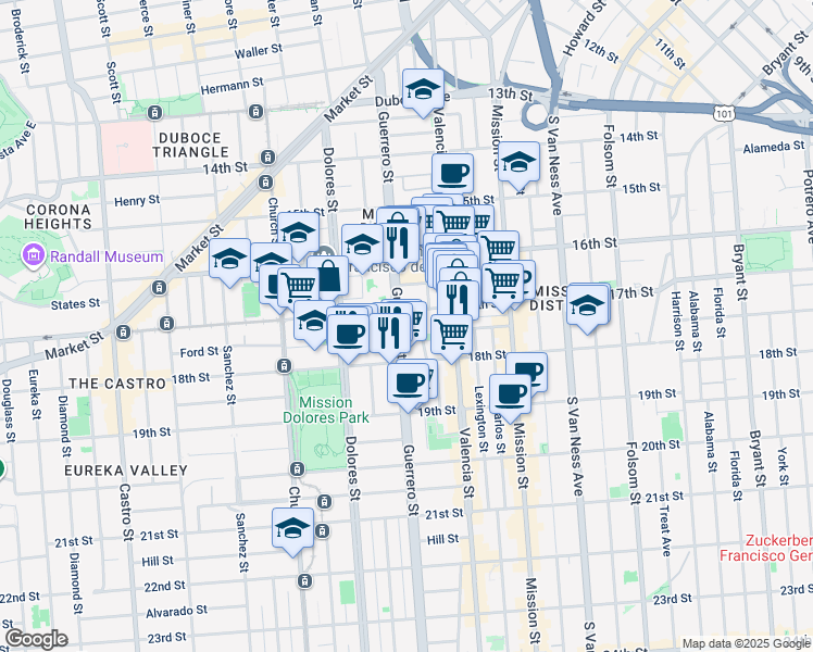 map of restaurants, bars, coffee shops, grocery stores, and more near 10 Dorland Street in San Francisco