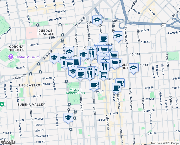 map of restaurants, bars, coffee shops, grocery stores, and more near 10 Dorland Street in San Francisco
