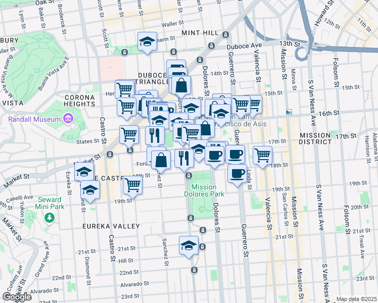 map of restaurants, bars, coffee shops, grocery stores, and more near 3675a 17th Street in San Francisco
