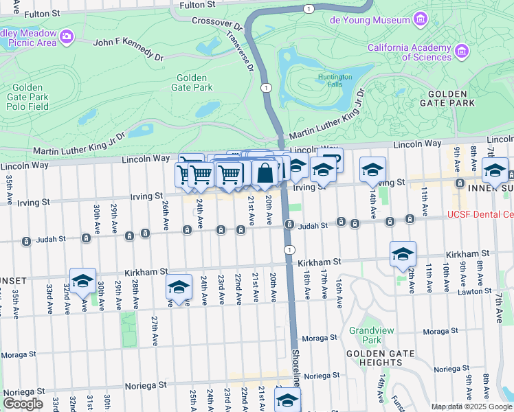 map of restaurants, bars, coffee shops, grocery stores, and more near 1351 21st Avenue in San Francisco