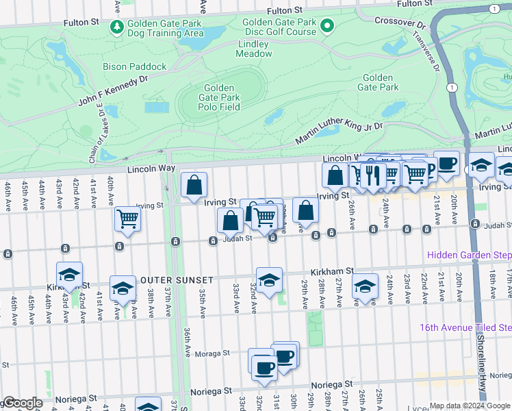 map of restaurants, bars, coffee shops, grocery stores, and more near 1325 31st Avenue in San Francisco