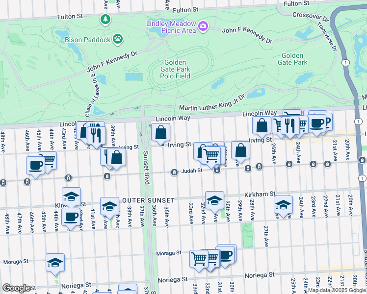 map of restaurants, bars, coffee shops, grocery stores, and more near 1314 34th Avenue in San Francisco