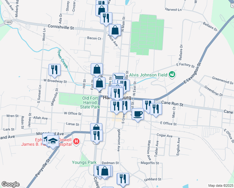 map of restaurants, bars, coffee shops, grocery stores, and more near in Harrodsburg