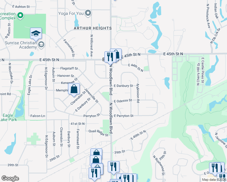 map of restaurants, bars, coffee shops, grocery stores, and more near 4300 North Woodlawn Court in Bel Aire