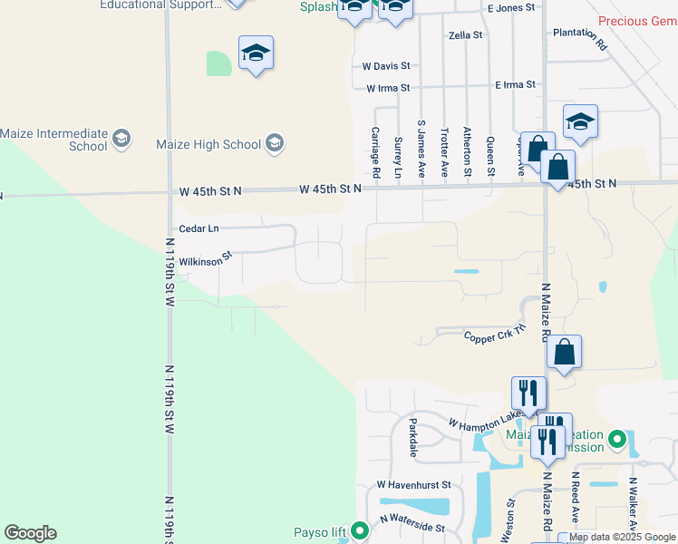 map of restaurants, bars, coffee shops, grocery stores, and more near Wilkinson Street in Maize