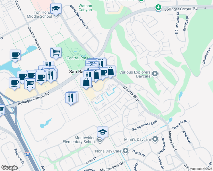 map of restaurants, bars, coffee shops, grocery stores, and more near 120 Reflections Drive in San Ramon
