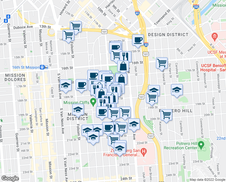 map of restaurants, bars, coffee shops, grocery stores, and more near 2601 Mariposa Street in San Francisco