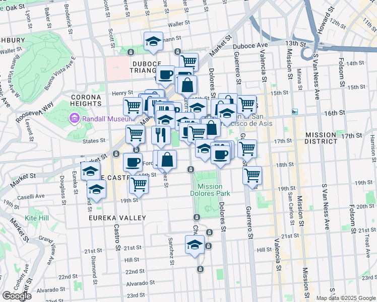 map of restaurants, bars, coffee shops, grocery stores, and more near 500 Church Street in San Francisco