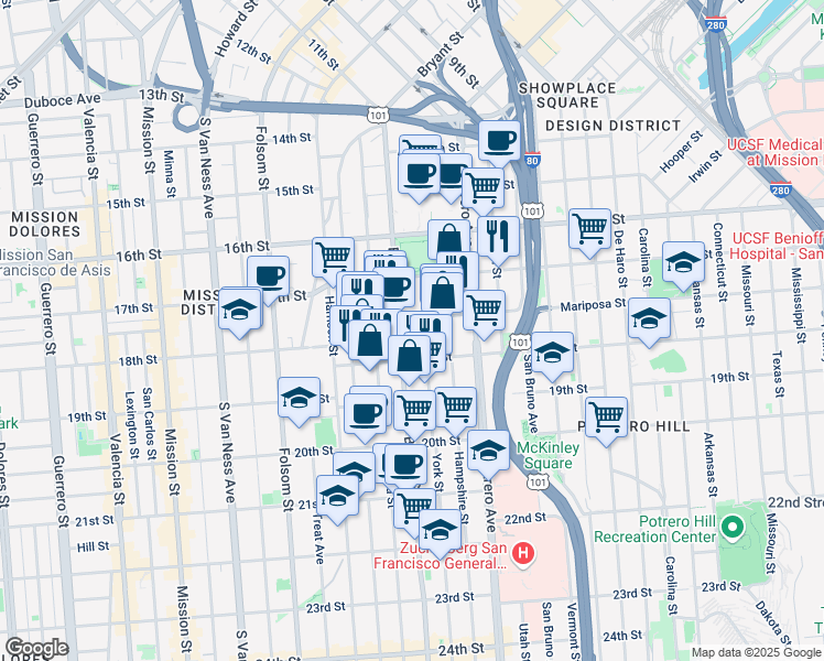 map of restaurants, bars, coffee shops, grocery stores, and more near 2601 Mariposa Street in San Francisco