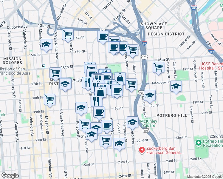 map of restaurants, bars, coffee shops, grocery stores, and more near 1940 Bryant Street in San Francisco