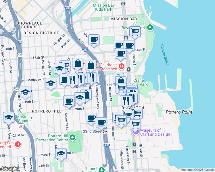 map of restaurants, bars, coffee shops, grocery stores, and more near 600 Indiana Street in San Francisco