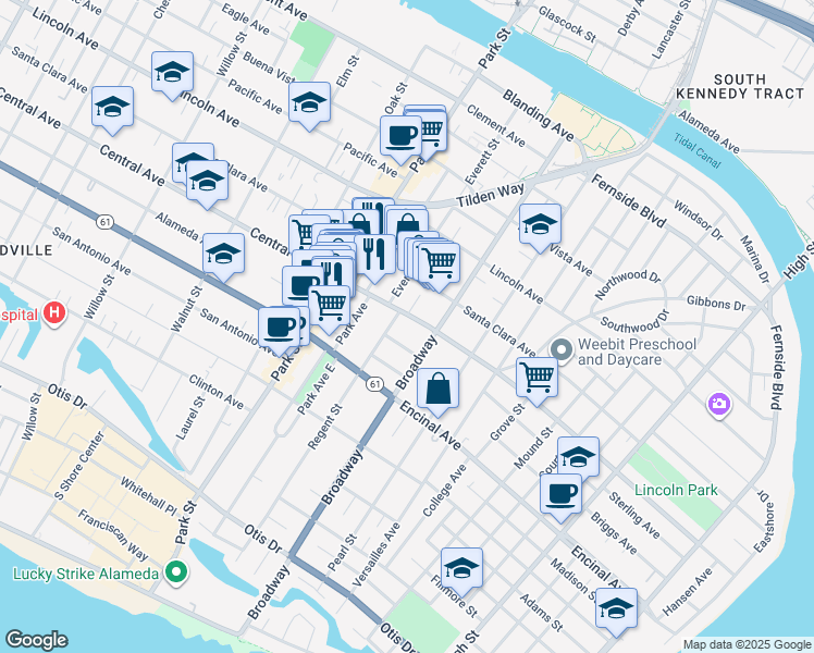 map of restaurants, bars, coffee shops, grocery stores, and more near 2510 Central Avenue in Alameda