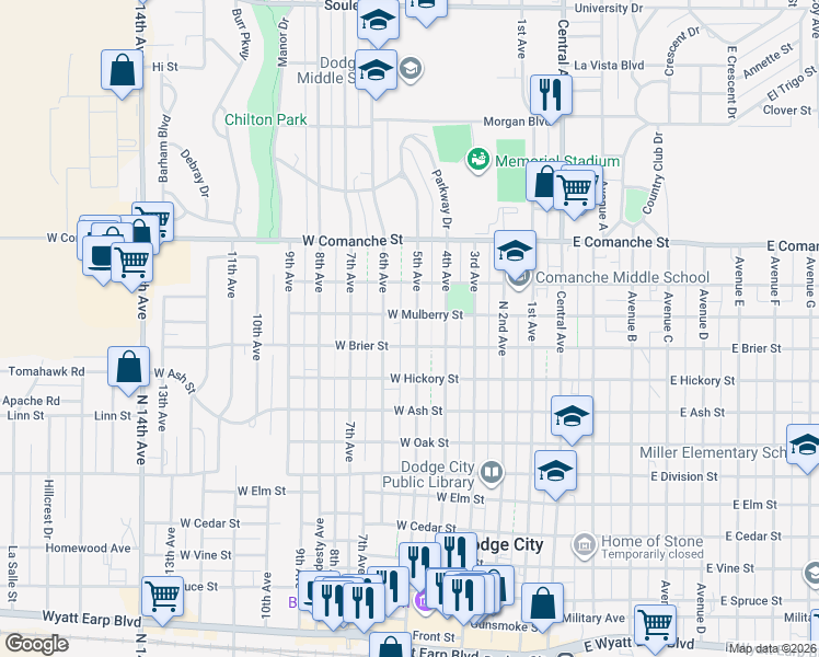 map of restaurants, bars, coffee shops, grocery stores, and more near 1500 6th Avenue in Dodge City