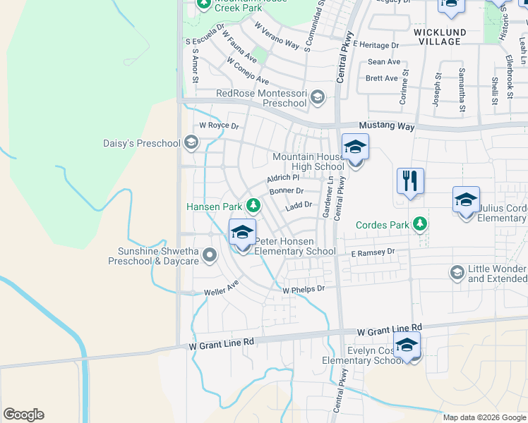 map of restaurants, bars, coffee shops, grocery stores, and more near 1180 Vecindad Street in Tracy