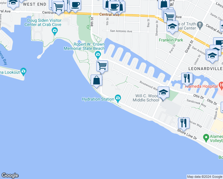 map of restaurants, bars, coffee shops, grocery stores, and more near 960 Shorepoint Court in Alameda
