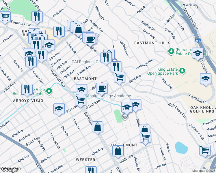 map of restaurants, bars, coffee shops, grocery stores, and more near 8039 Idlewood Street in Oakland