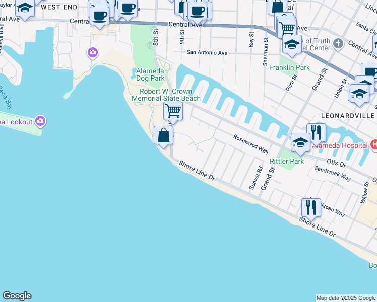 map of restaurants, bars, coffee shops, grocery stores, and more near 960 Shorepoint Court in Alameda
