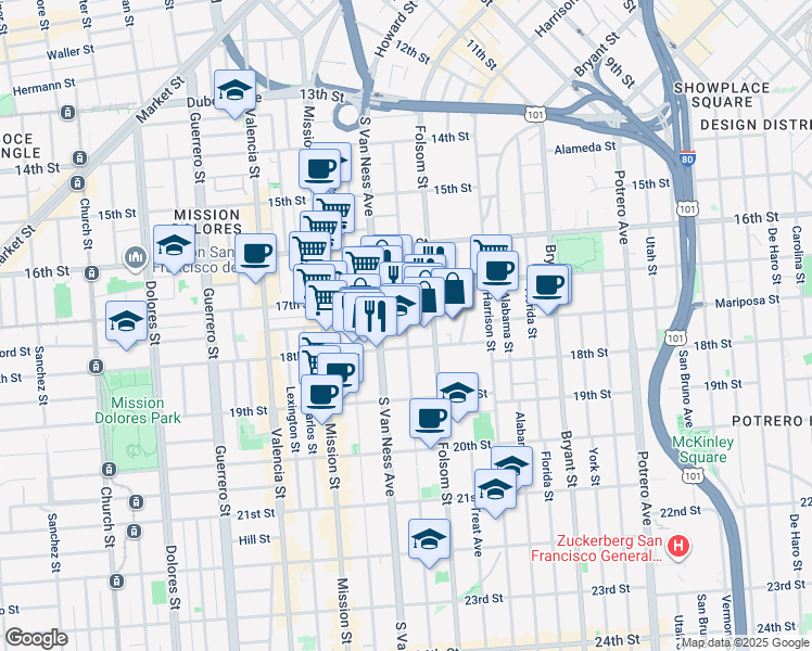 map of restaurants, bars, coffee shops, grocery stores, and more near 349 Shotwell Street in San Francisco
