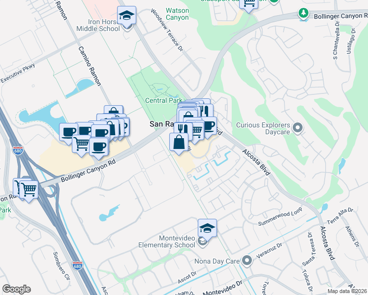 map of restaurants, bars, coffee shops, grocery stores, and more near 1061 Market Place in San Ramon