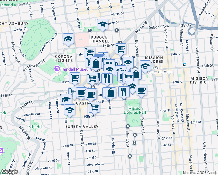 map of restaurants, bars, coffee shops, grocery stores, and more near 17th Street & Sanchez Street in San Francisco