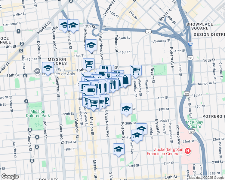 map of restaurants, bars, coffee shops, grocery stores, and more near 349 Shotwell Street in San Francisco