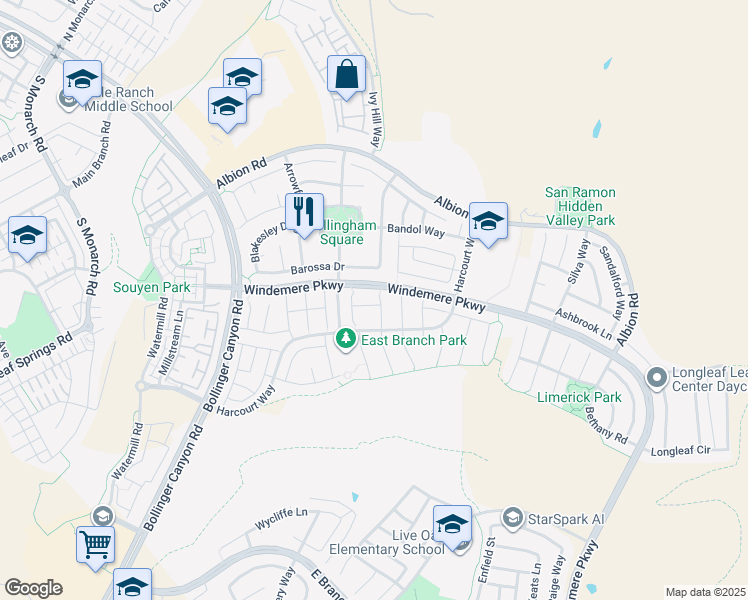 map of restaurants, bars, coffee shops, grocery stores, and more near 3302 Rutherglen Drive in San Ramon