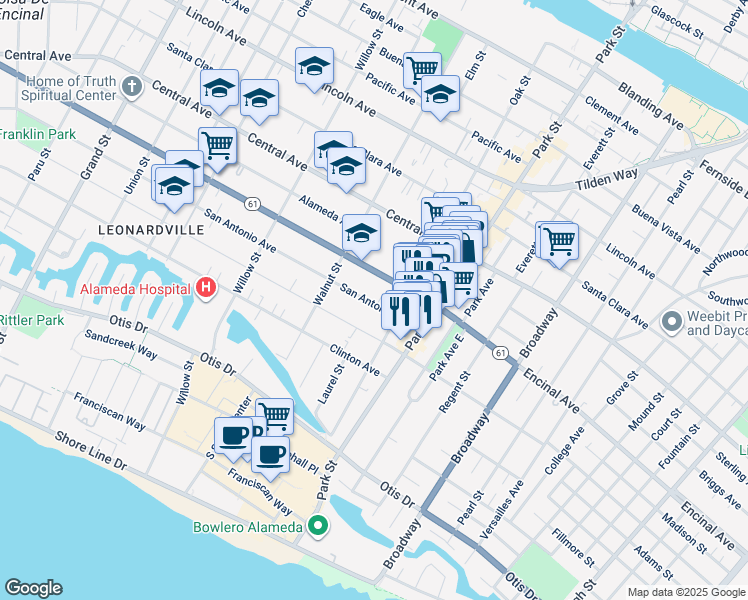 map of restaurants, bars, coffee shops, grocery stores, and more near 2245 San Antonio Avenue in Alameda