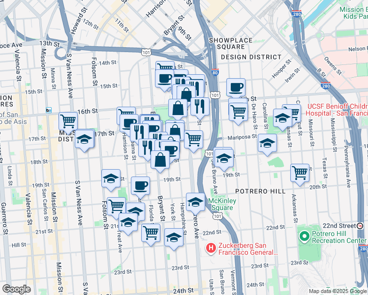map of restaurants, bars, coffee shops, grocery stores, and more near 2445 Mariposa Street in San Francisco