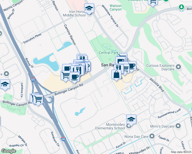 map of restaurants, bars, coffee shops, grocery stores, and more near 6131 Bollinger Canyon Road in San Ramon