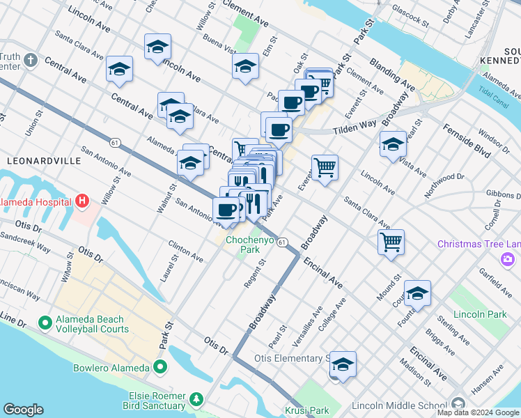 map of restaurants, bars, coffee shops, grocery stores, and more near 2415 Marti Rae Court in Alameda