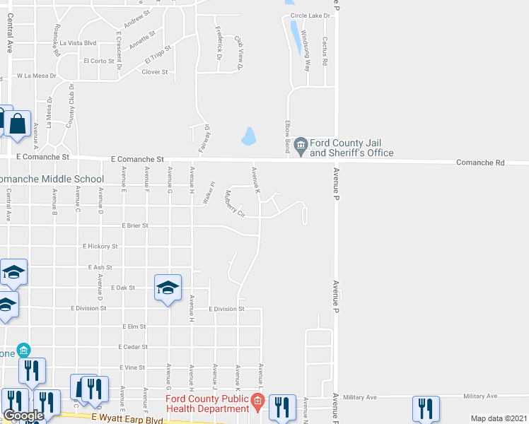 map of restaurants, bars, coffee shops, grocery stores, and more near 1506 Avenue K in Dodge City