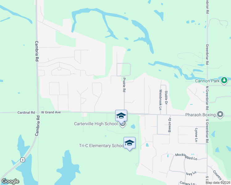 map of restaurants, bars, coffee shops, grocery stores, and more near 101-199 Prairie Road in Carterville