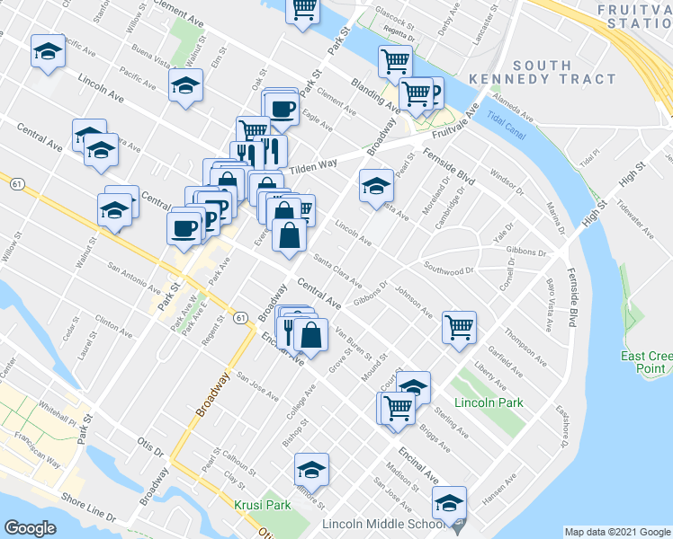 map of restaurants, bars, coffee shops, grocery stores, and more near Santa Clara Avenue & Pearl Street in Alameda