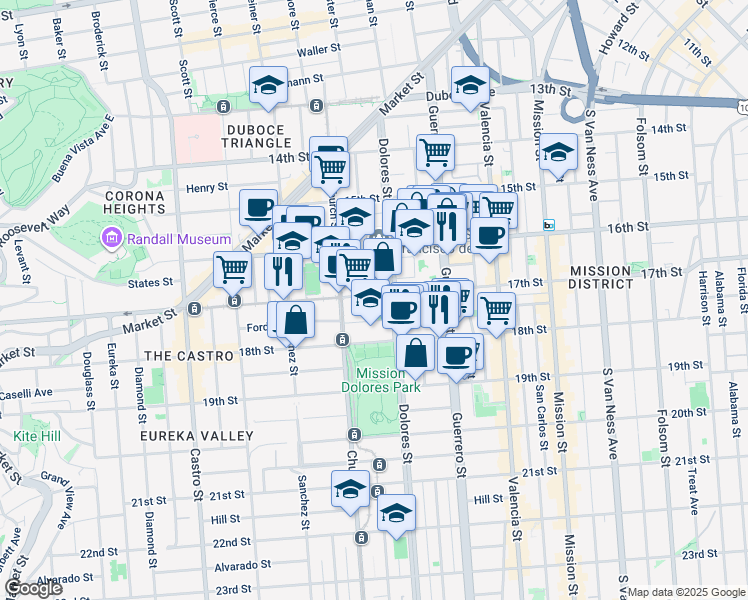 map of restaurants, bars, coffee shops, grocery stores, and more near 3641a 17th Street in San Francisco