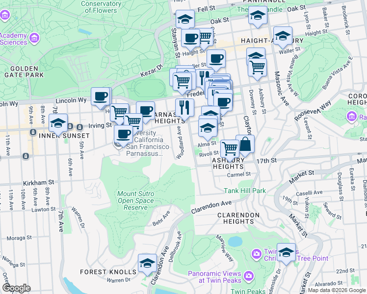 map of restaurants, bars, coffee shops, grocery stores, and more near 2 Woodland Avenue in San Francisco