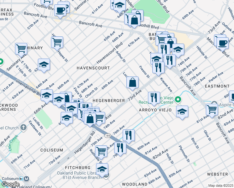 map of restaurants, bars, coffee shops, grocery stores, and more near 7203 Holly Street in Oakland