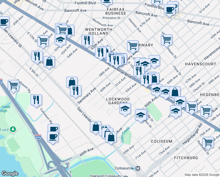 map of restaurants, bars, coffee shops, grocery stores, and more near 1256 61st Avenue in Oakland