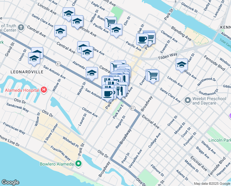 map of restaurants, bars, coffee shops, grocery stores, and more near 1321 Park Street in Alameda