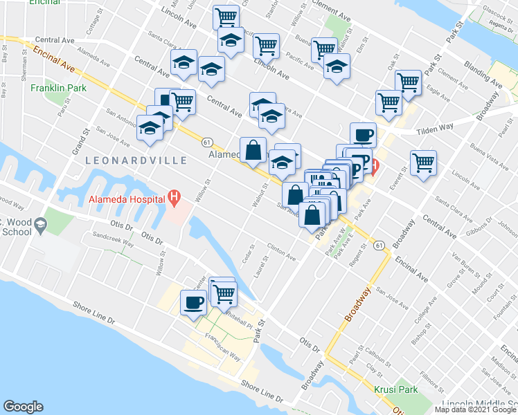map of restaurants, bars, coffee shops, grocery stores, and more near 2217 San Jose Avenue in Alameda